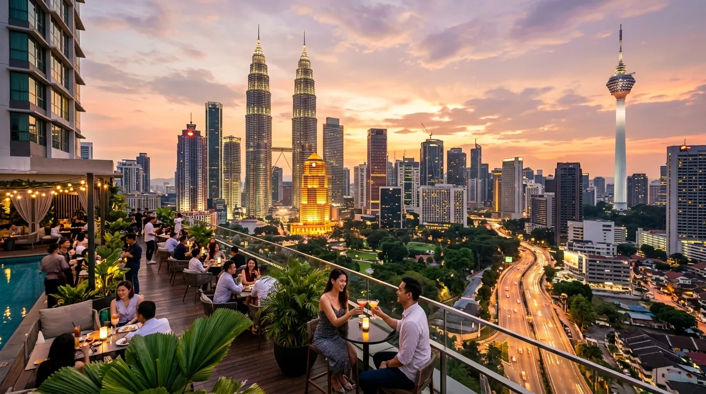 Kuala Lumpur skyline at dusk from a luxurious rooftop bar, featuring Petronas Twin Towers, KL Tower, and people enjoying cocktails and dinner