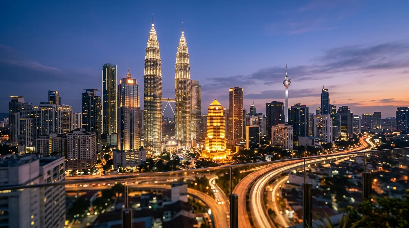 Kuala Lumpur skyline at dusk with Petronas Twin Towers